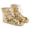 Fashion Gold 2025 Summer Gladiator Sandals Booties Flats Cut Hollow Out Studs Punk Square Head Sandals Ankle Boots Casual Shoes Zapatos