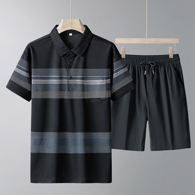 Men's Casual Ice Silk Sports Suit - Short Sleeve Polo Shirt & Shorts for Middle-Aged and Elderly
