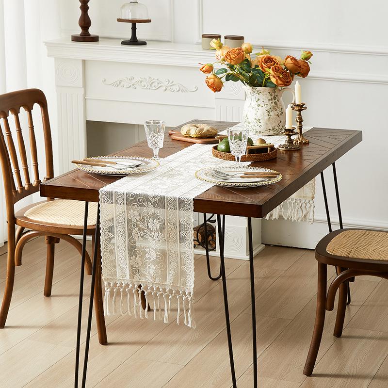 Elegant Nordic White Lace Table Runner with Crochet Tassels - Perfect for Dining or Coffee Tables, Ideal for Christmas Decor.