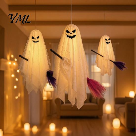 Remote Control Party Lights Halloween Lighted Hanging Ghost with Broom Decor, Flying Broomstick Ornaments Battery Operated Yard Lights, 8 Modes