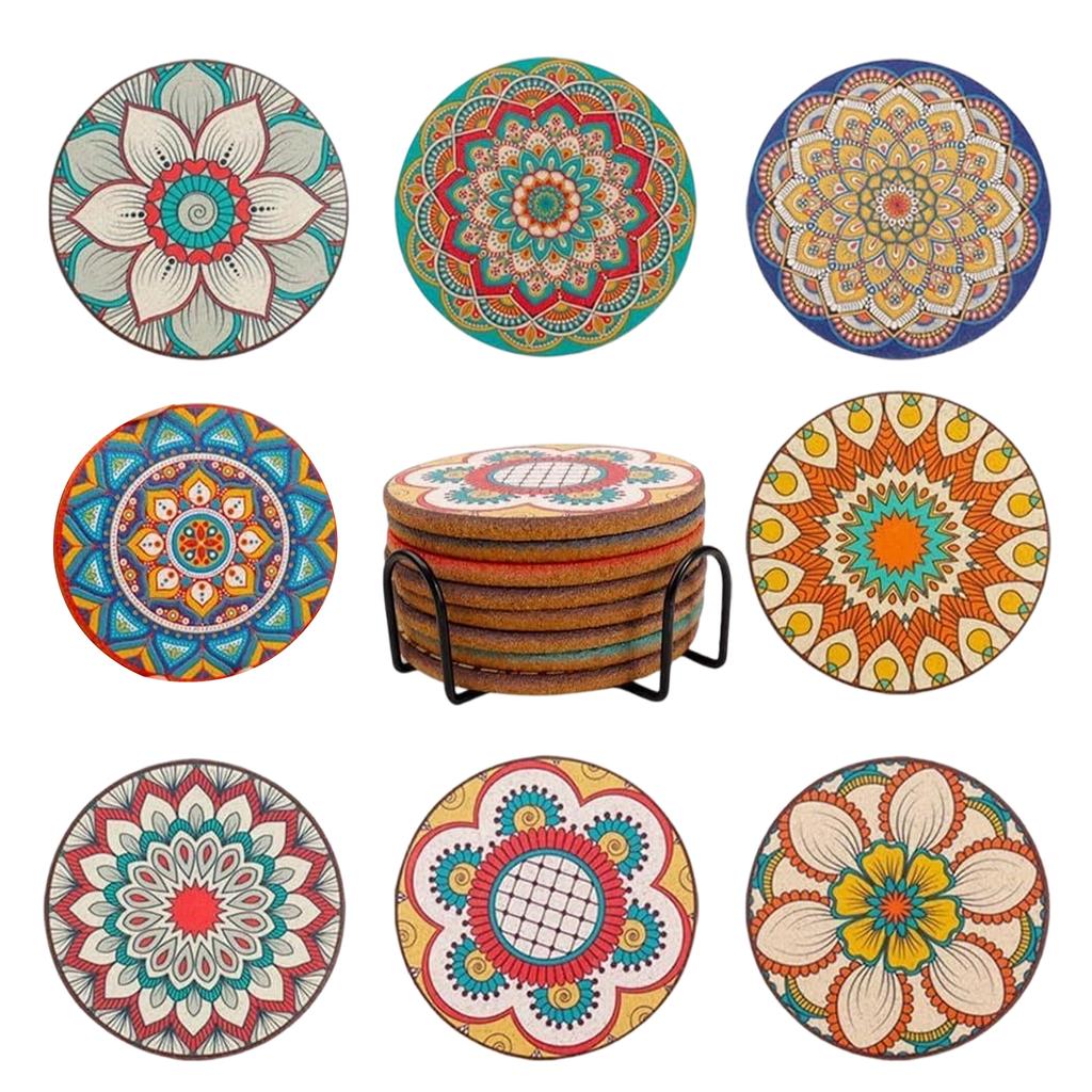 Set of 8 Round Woven Coasters with Holder Thick Heat Resistant Trivets for Kitchen Table Protection and Hot Pot Use Durable Design