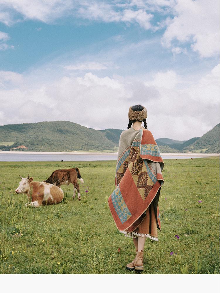 Ethnic Style Imitation Cashmere Shawl: Versatile Travel-Friendly Warm Cloak, Scarf, Resort Cape Outerwear.