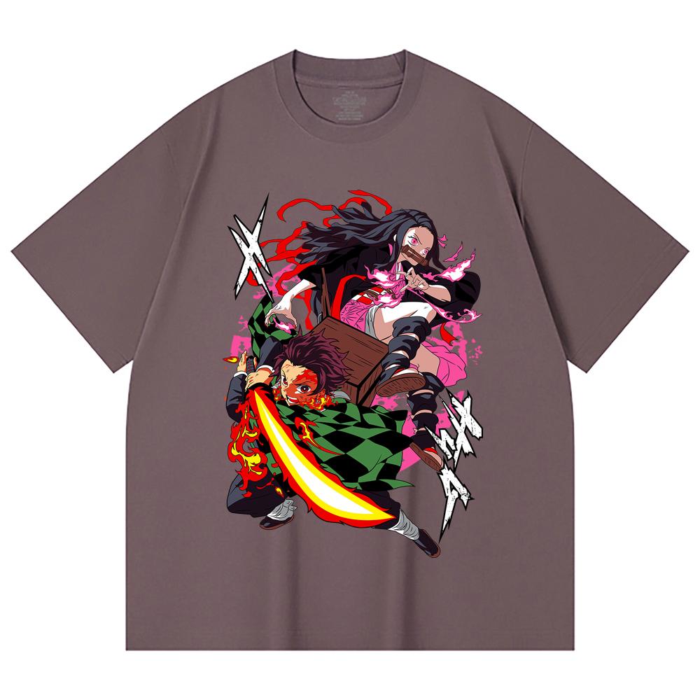 230 Gsm 100% Cotton Demon Slayer V3 Tanjiro Nezuko Print Unisex Heavy Cotton T Shirt