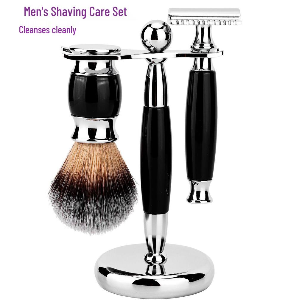 Black Metal Beard Grooming Set: Includes Brush, Manual Razor, and Foam Brush