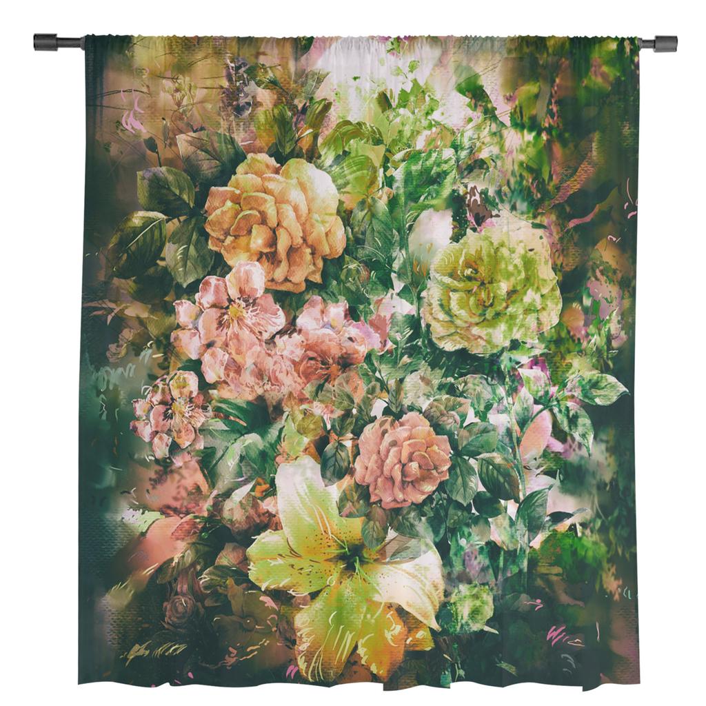 Oil Painting Style Flower Rose Abstract Sheer Curtains for Living Room Modern Voile Curtain Bedroom Tulle Curtains Window Drapes