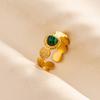 Green Striped Stone Vintage Gold Color Stainless Steel Open Adjustable Rings For Women Men Accessories Finger Jewelry Sun Flower