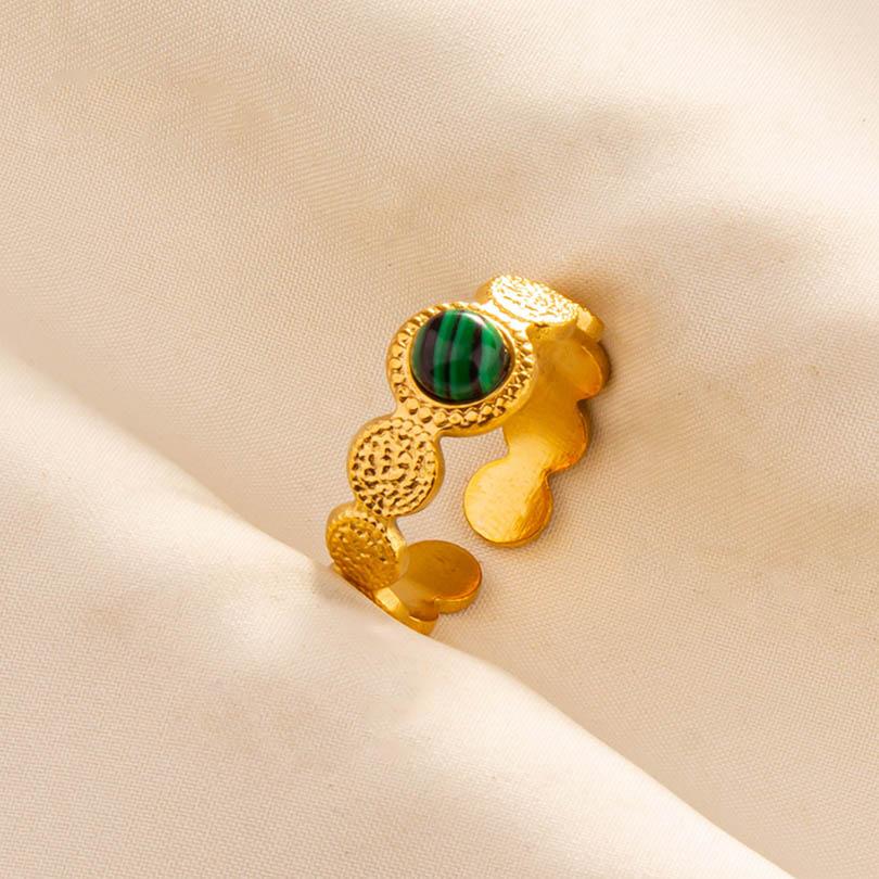 Green Striped Stone Vintage Gold Color Stainless Steel Open Adjustable Rings For Women Men Accessories Finger Jewelry Sun Flower
