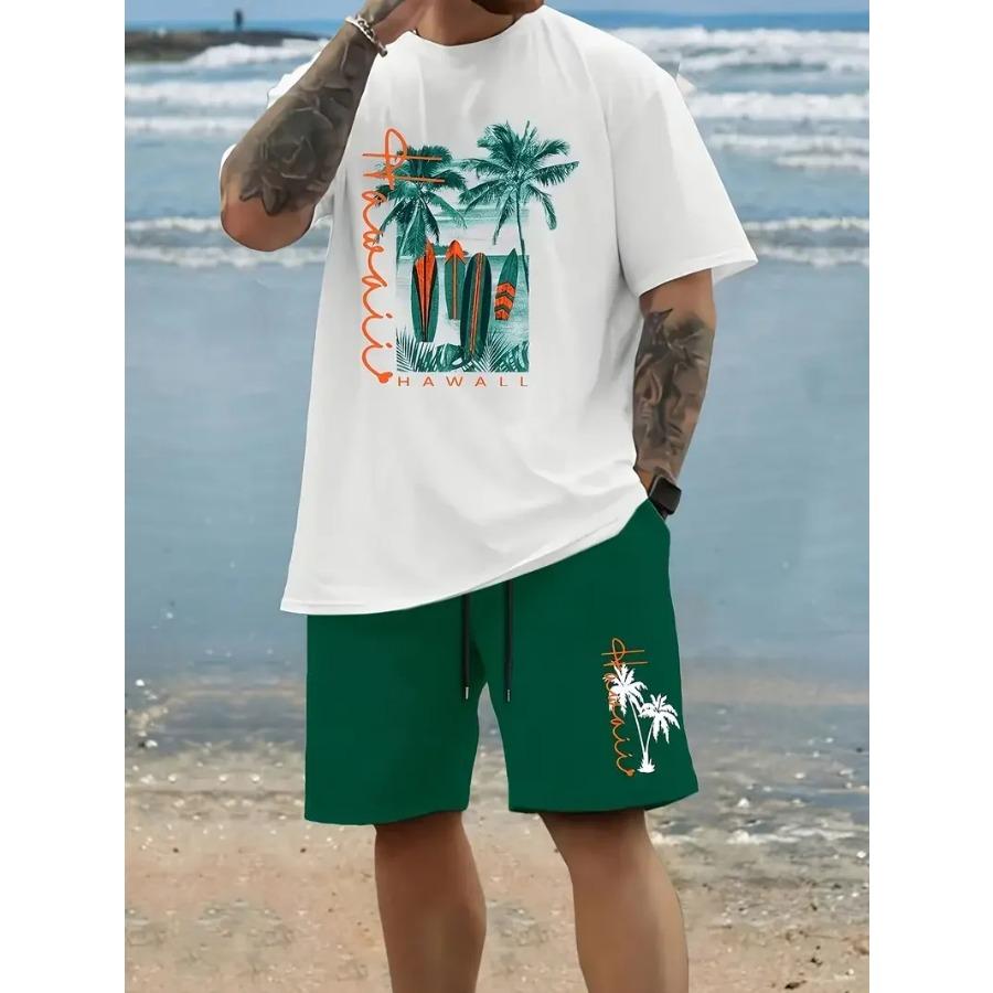 Gradient Coconut Tree Men's Set 3D Printed Summer Beach Hawaiian Style T-shirt+pants two-piece casual sports plus size men's set