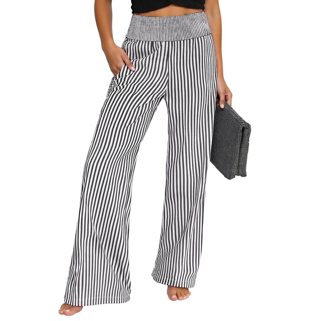 Women's Fashion Loose Pleated Elastic Waistband Pocket Striped Casual Pants