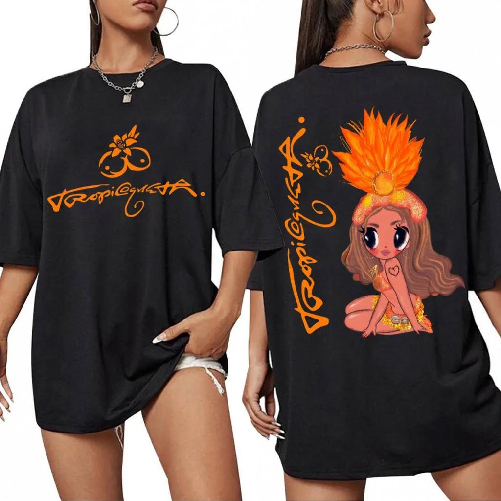 Carol G Tropical Pattern Tshirt Black Tshirt with vibrant orange unisex casual round neck shirt for all seasons comfortable