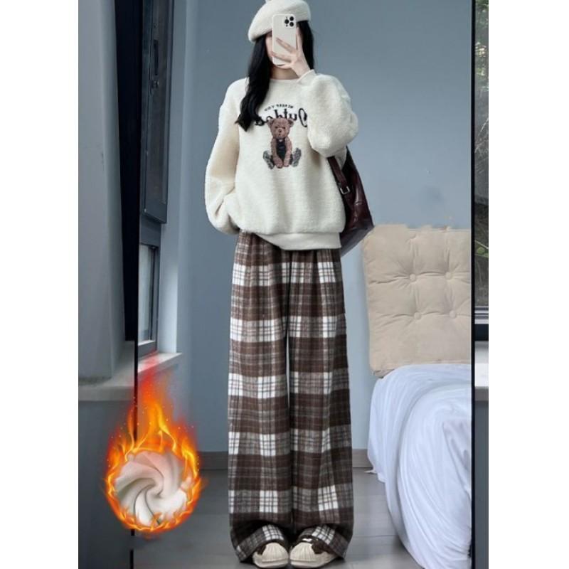 Women'sPlaid Thickened Casual Pants Straight Leg Wide Leg Floor Length Trousers Autumn Winter Long Pants