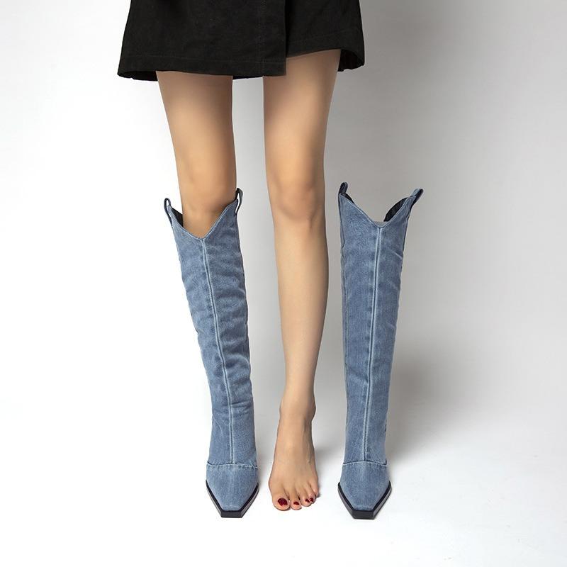 Winter New Square Toe Denim High Heel Fashion Boots 2025 Thick Heel Western Knight Boots for Women