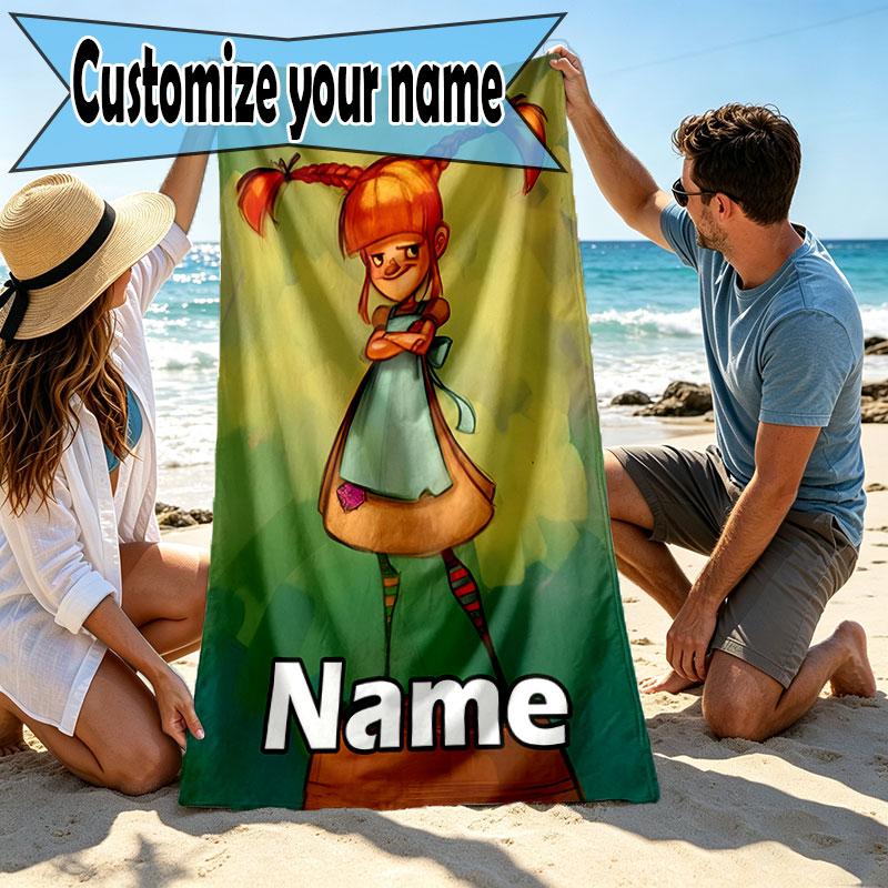 Custom Name Personalized Pippi Longstocking Print Beach Towel, for Trip Camping Beach Party Home Decor, Birthday Gift for Family & Friends