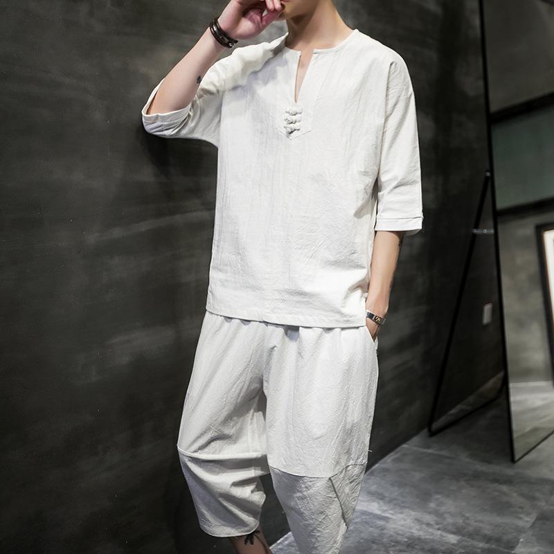 Men's Summer Chinese-Style Cotton Linen T-Shirt and Cropped Pants Suit