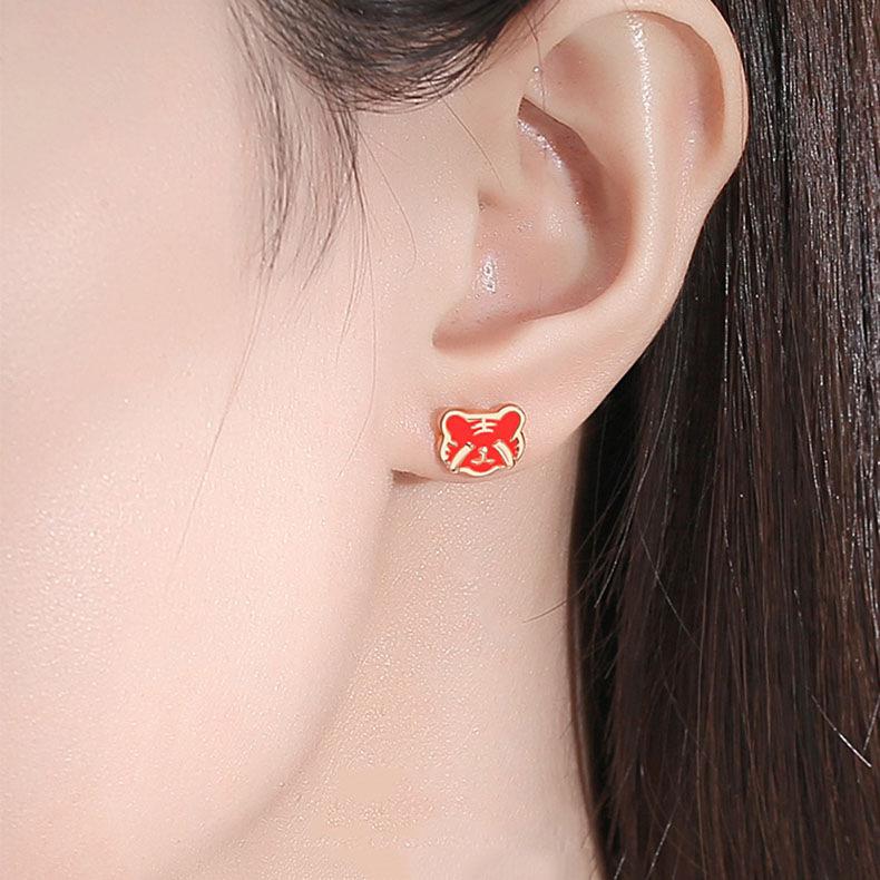 Süßes Temperament Rote Festliche Kleine Tiger Ohrringe Mädchen Persönlichkeit Modische Ohrringe