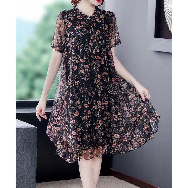 Women's Oversized Dress Printing Round Neck Short Sleeved Loose Mesh Dress Mid Length Simple Commuting Summer