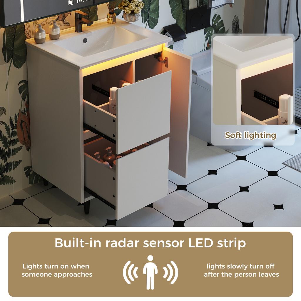 61*46.5*87cm, Freestanding Bathroom Washstand, Lacquered Surface, Integrated Ceramic Basin, Soft-Close Hinges, Two Drawers, High Foot Design, White.