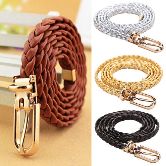 Women Braided PU Leather Narrow Thin Buckle Strap Waist Belt All-Match Waistband