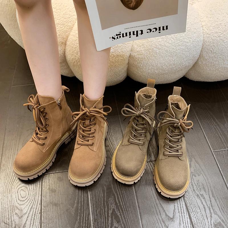 Модные коричневые ботильоны женские на толстой подошве теплые меховые зимние ботинки — фото 6