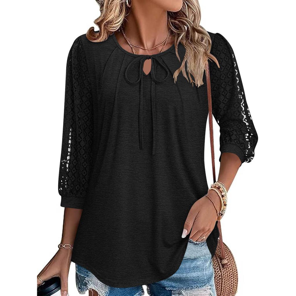 Women's Lace-Up Blouse, Loose Fit, Casual, Sheer Lace