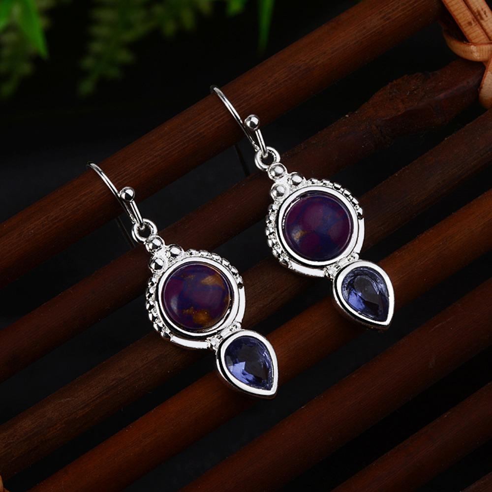 Elegant S925 Plated Charoite Drop Earrings Women Stylish Purple Crystal Dangle Jewelry Gift