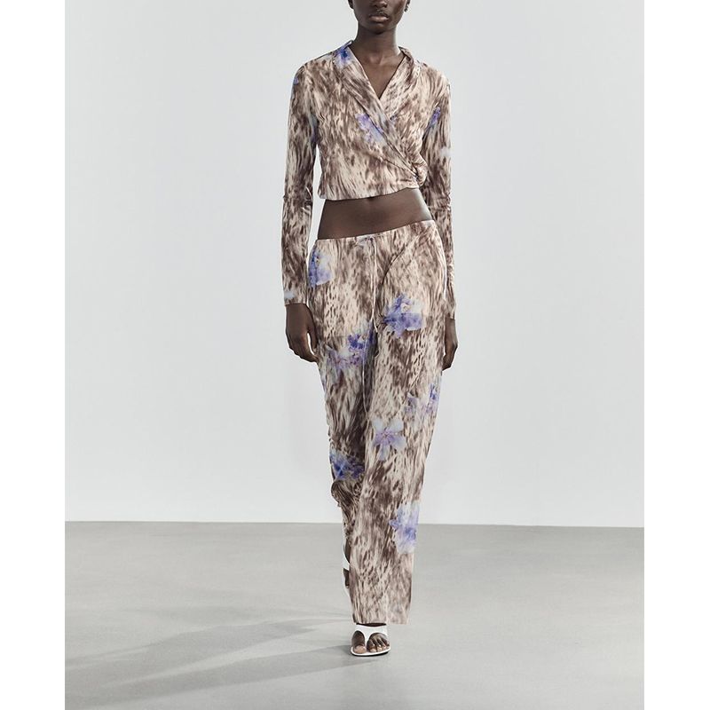 Print Silk Net Long Sleeves Double Breasted V Neck Tops 5039137 Silk Net Translucent High Waist Pants 5039138