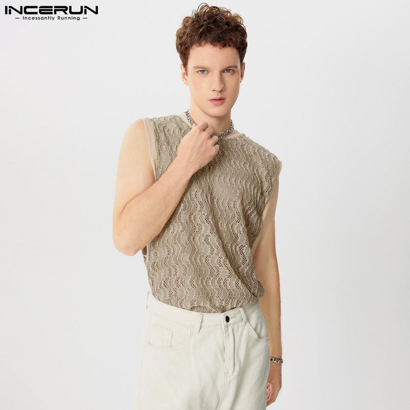 INCERUN Men Mesh Fishnet Sleeveless Tank Tops Lace Patchwork Summer Vest