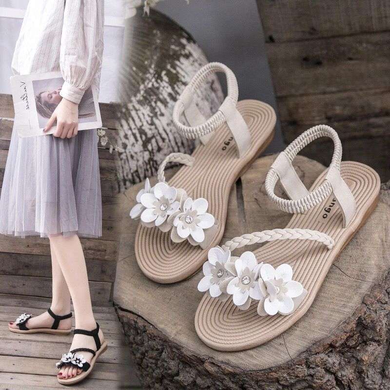 Size 35-43, Large Size Women's Shoes Flower Sandals Female Student Korean Version Versatile 41 Fairy Wind Flat Bottom Beach Shoes Summer 42