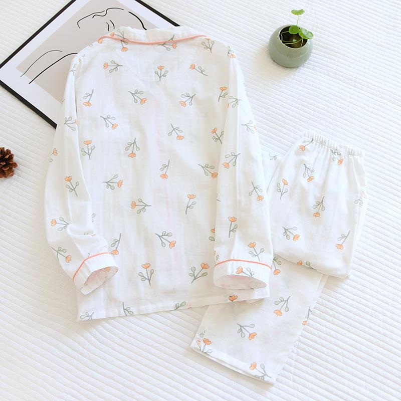 Spring Korean version of small flower gauze pajama set, cotton small fresh cardigan lapel long-sleeved loungewear