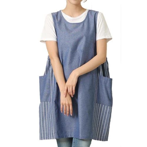 NISHIKI Women's Apron, Easy to Wear, Cute Silhouette, Wrinkle-Resistant Cotton-Polyester, Long Length, with Pockets (Navy, Solid Color: C/ML/ka2203)
