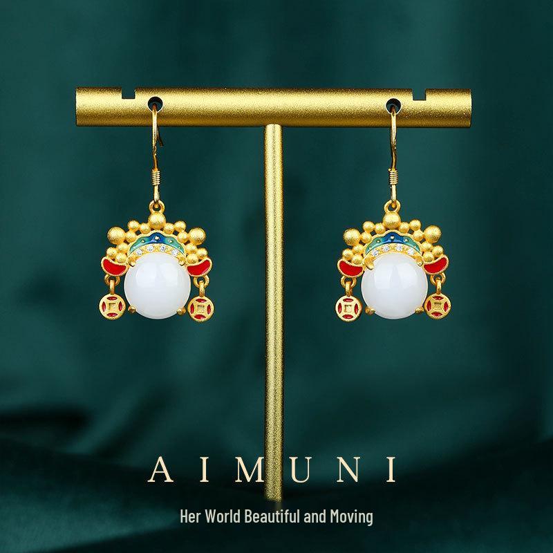 Ancient Gilded Hetian Jade Chinese Earrings: Drama Hua Dan Studs for Women's Qipao/Hanfu.