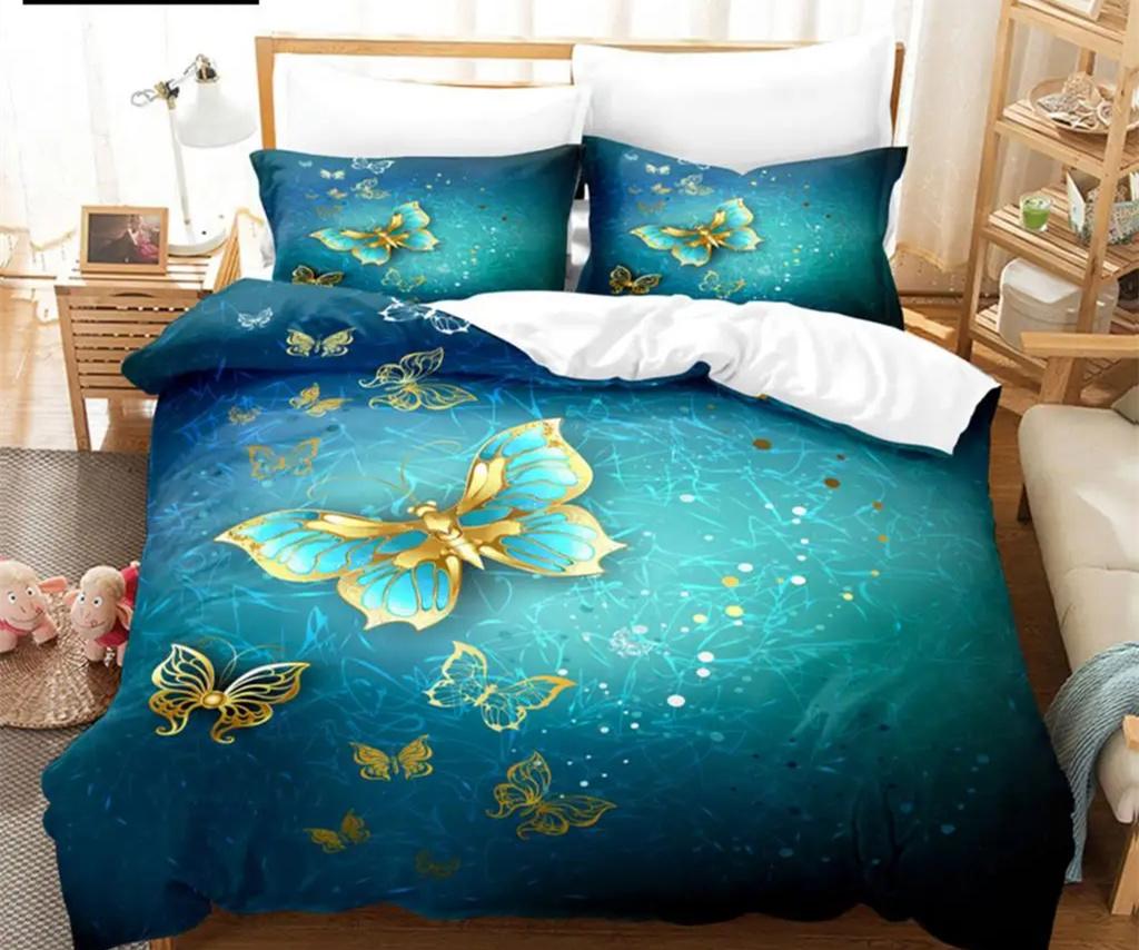 Blue Butterfly Duvet Cover Set King Queen Twin Size Double Bed Single 3D Queen Bedding Sets Pink Quilt Cover with 2 Pillowcases