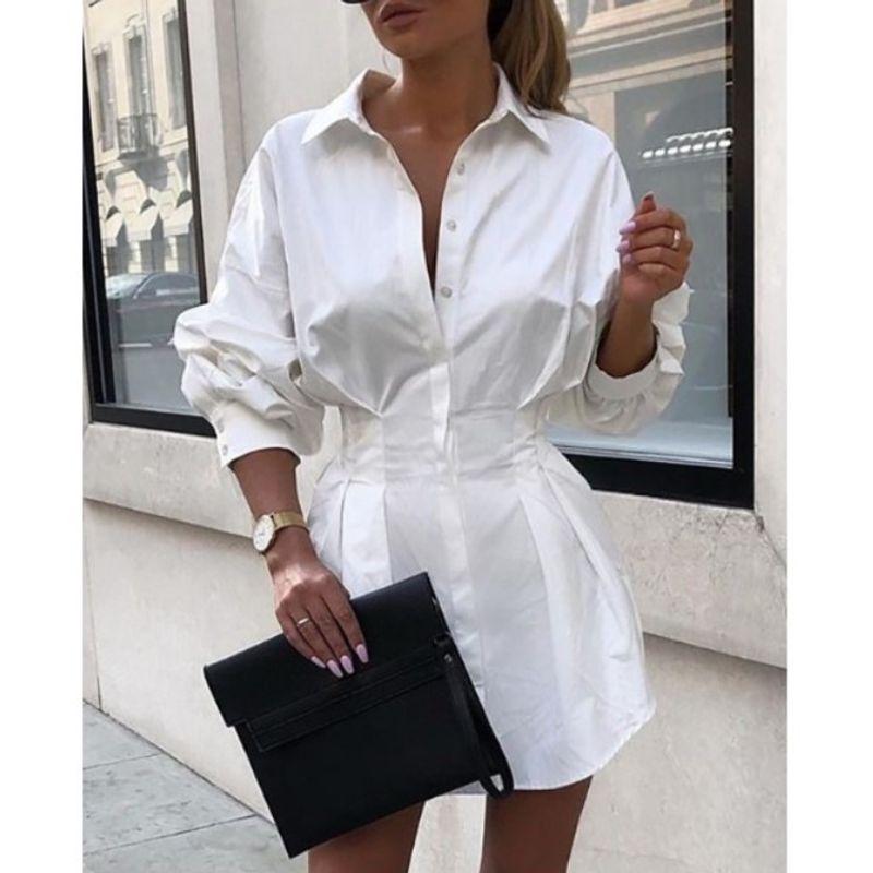 

Casual Pleated Waist Shirt Skirt Women Casual Pleated Fitted Waist Shirt Dress Female White XL