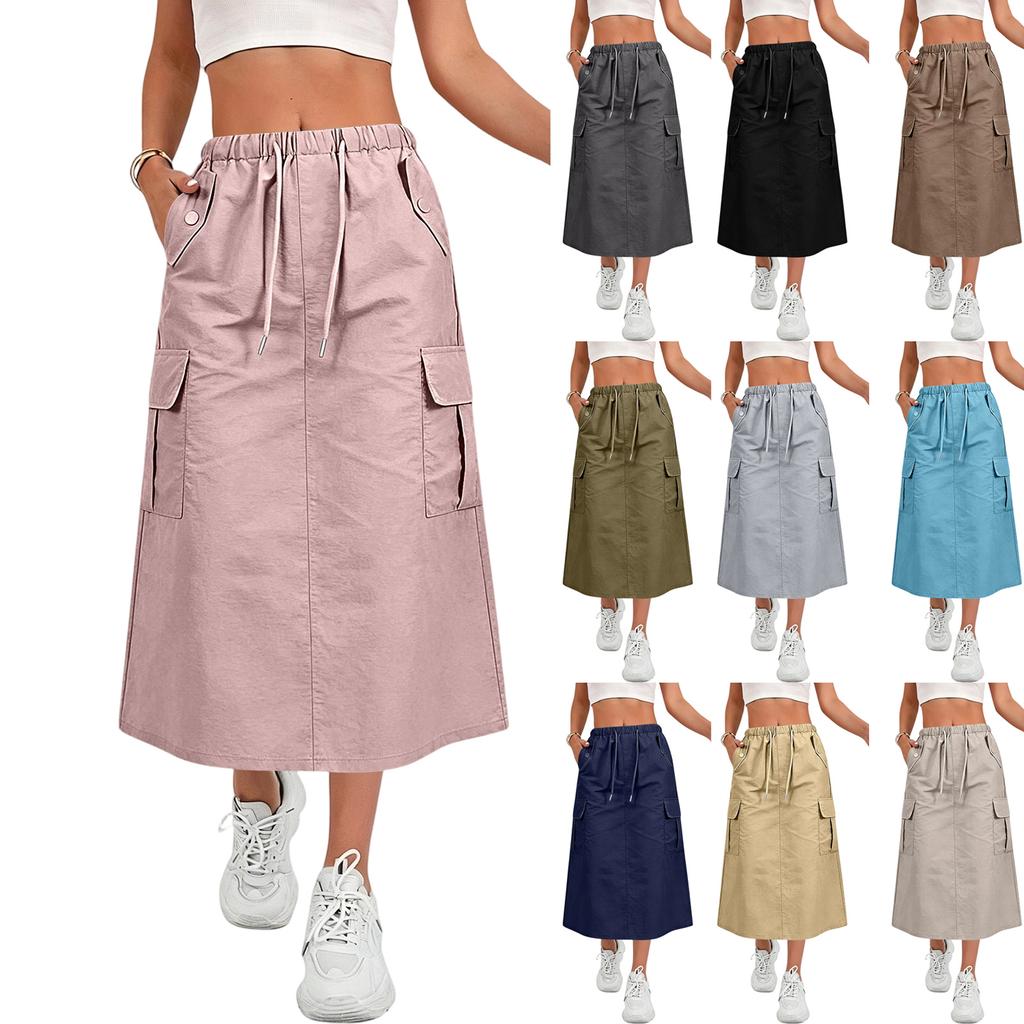 Women's Casual Long Cargo Skirt with Drawstring Waist and Pockets Lightweight Comfortable Workwear Style Skirt for Everyday Use