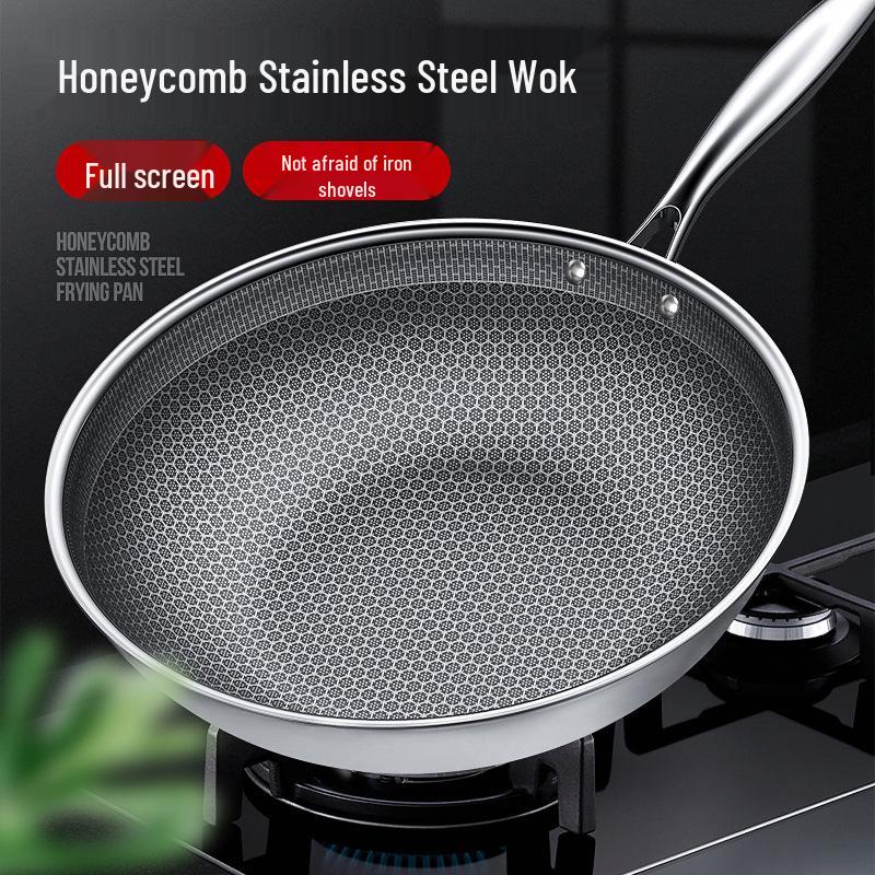 Non-Stick German Stainless Steel Wok Pan with Honeycomb Design for Induction & Gas Cookers