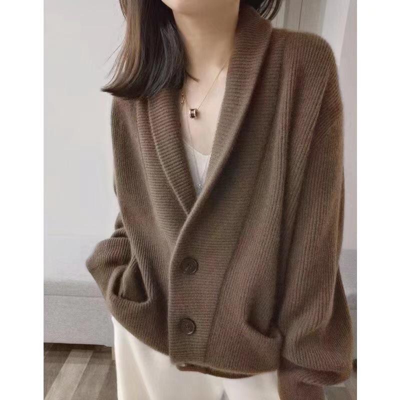 Women's High-End V-Neck Wool Cardigan - Thick, Loose, Trendy Sweater Coat for Autumn/Winter Fashion