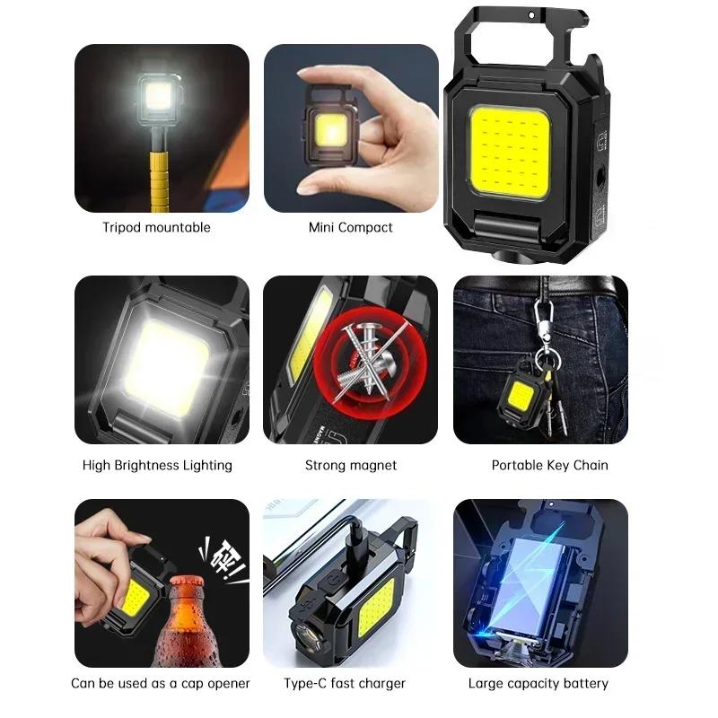 Mini Flashlight Keychain Light COB Work Light USB Rechargeable Lamp with 90° Foldable Side Lights Super Bright Portable Lanterns