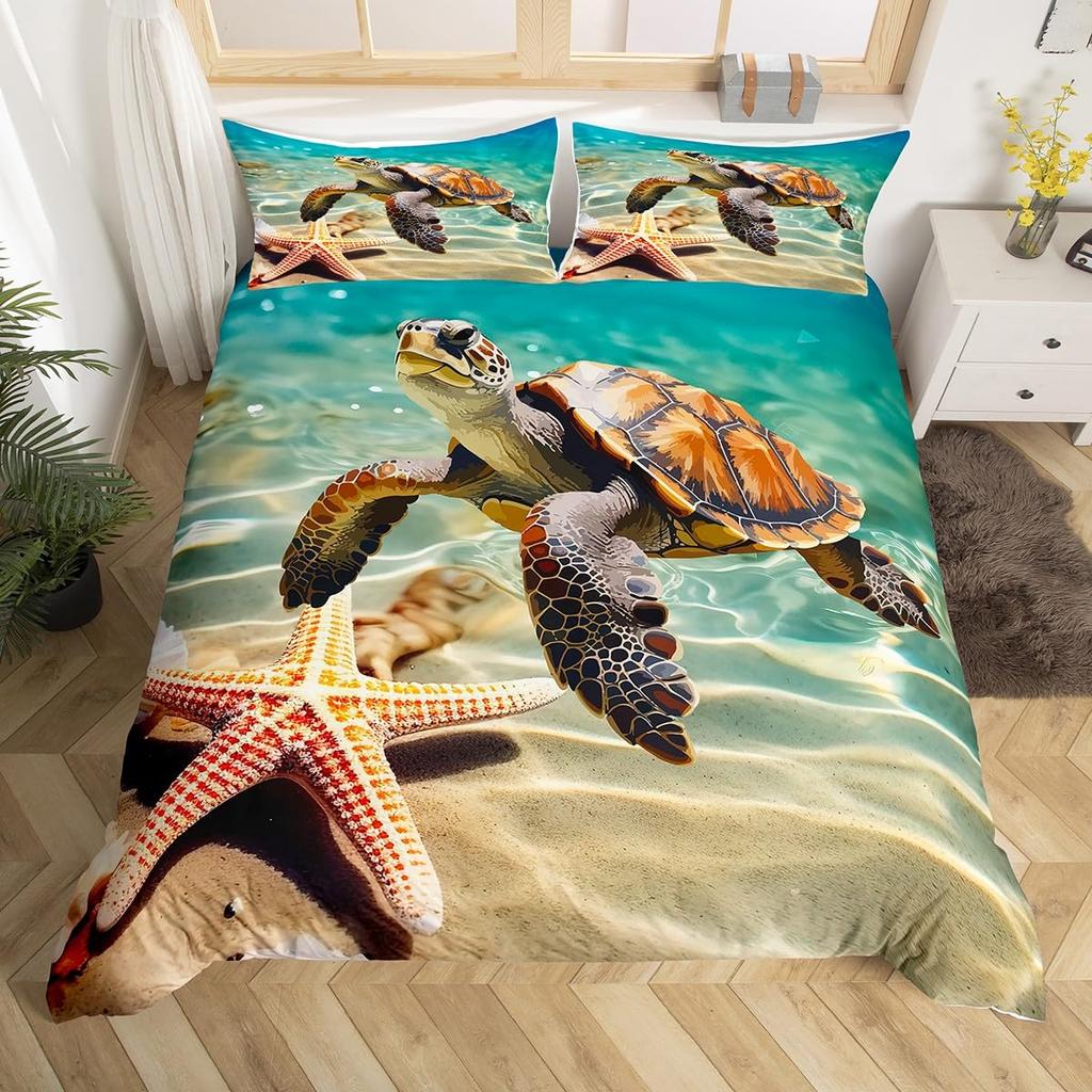 Beach Starfish Duvet Cover Set Blue Ocean Coastal Bedding Set Cute Ocean Creatures Seashells Starfish Print Comforter Cover Sets