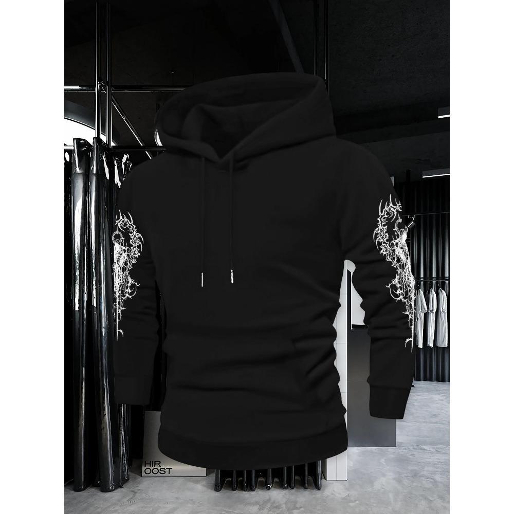 Autumn Winter Trendy Men's Vintage Streetwear Hooded Sweatshirt with Gothic Design, Featuring Demon Wings and Thorns Print on the Back