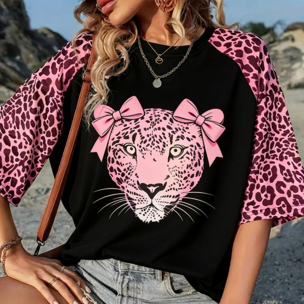Summer Europe and America Leopard Print T Shirt Women's Short Sleeve Casual Tee Tops Women Retro Street Fashion Oversize T-shirt Clothing
