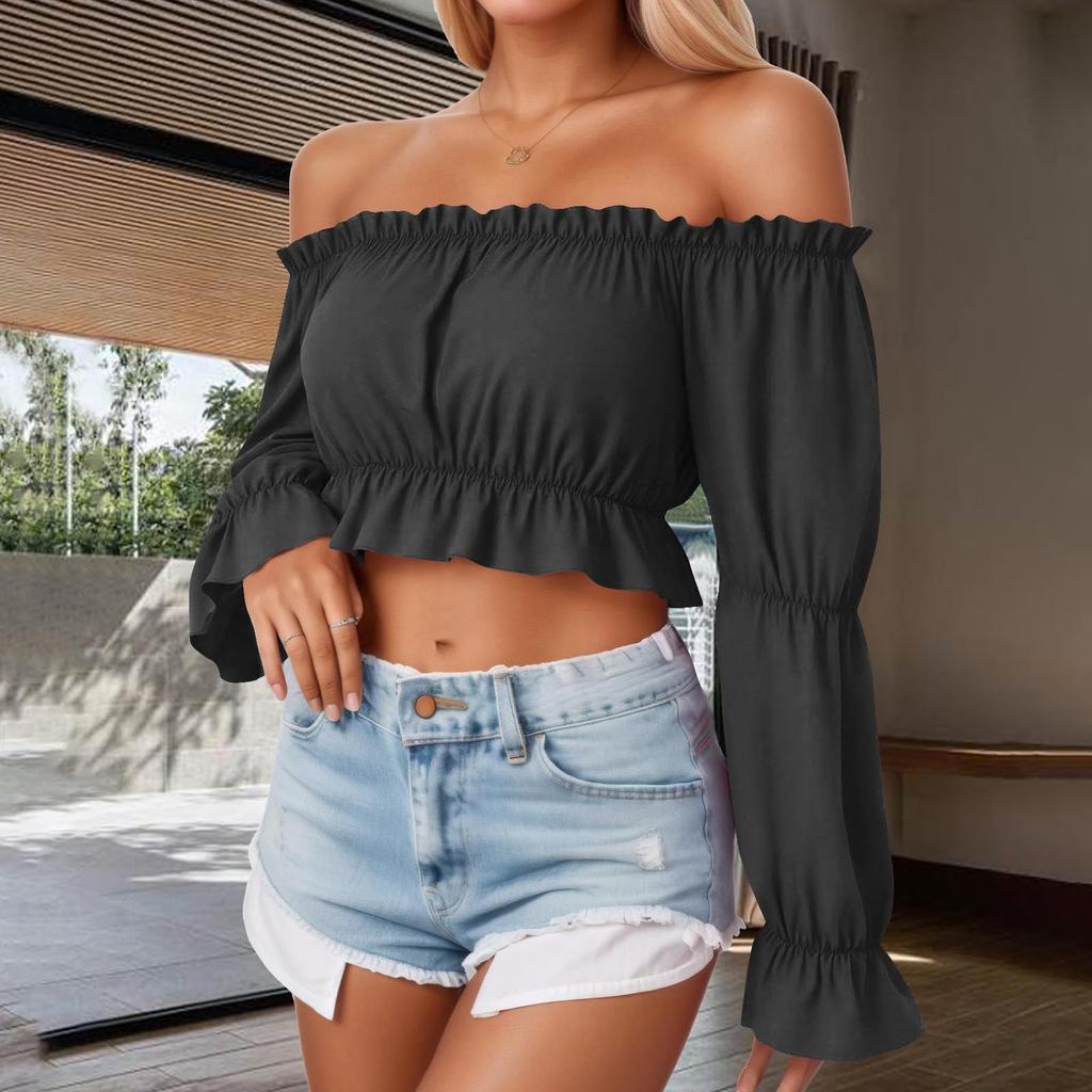 Women's Fashion Solid Color Long Sleeved Off Shoulder Pleated Strapless And Exposed Navel Shirt Top