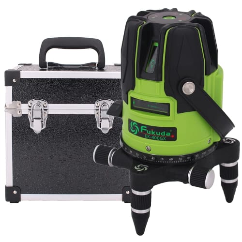 FUKUDA 5-Line Green Laser Level EK-400GX, Compatible with Two Lithium Batteries, AA Batteries, and an AC Adapter, 4-Direction Large Square Beam Model,