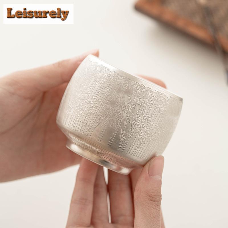 High End 999 Gilded Silver Ceramic TEACUP Green Bamboo Pattern Master Cup Personal Tea Bowl Special Chazhan Teaware Drinking