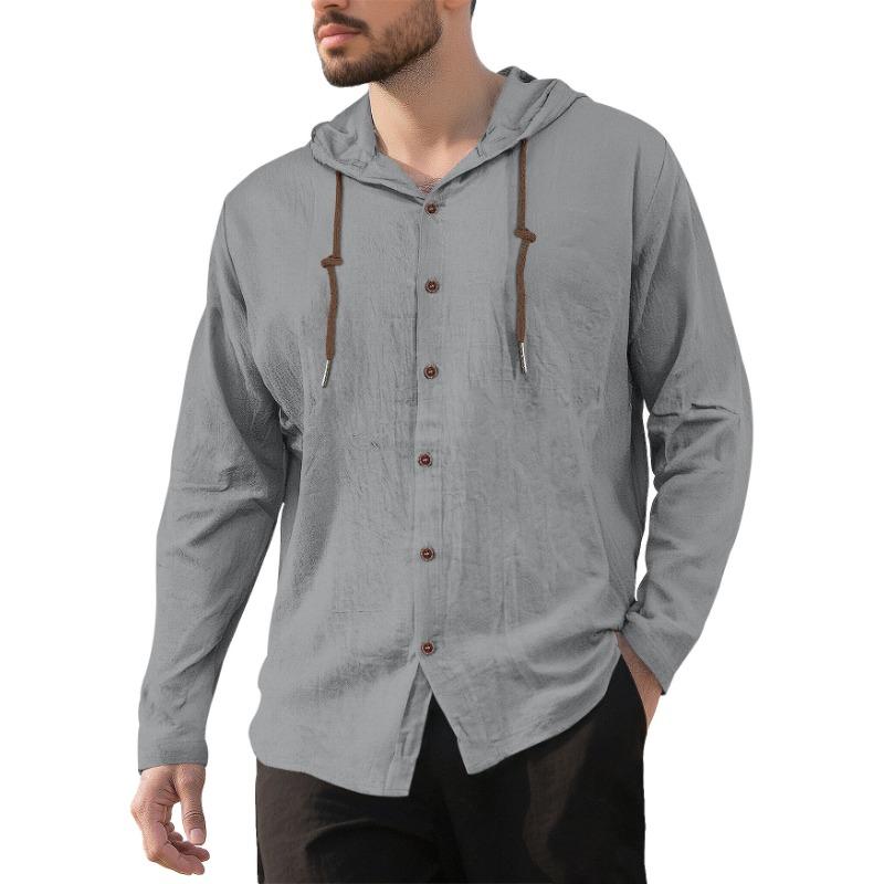 Men's Simple Cotton and Linen Casual Loose Breathable Long-sleeved Solid Color Hooded Shirt