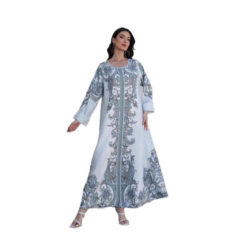 Middle East Indonesia Cross-Border Stand Collar Women Robe Print Diamond Beads New Formal Dress Travel Dress Dresses