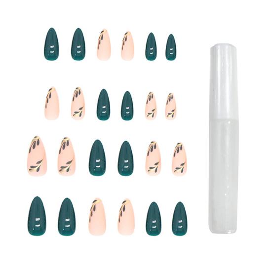 Yousheng 1 Set Fake Nails Matte Green Leaf Easy To Apply Remove Minimalistic Sweet Anti-break Fake Nails Women Supply