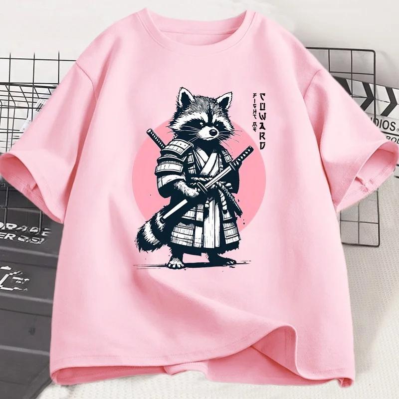 

Fight Me Coward Vintage Samurai Raccoon T Shirt Japanese Cat Funny Graphic Tshirt Short Sleeve O Neck Tees Women Clothing Y2K 4XL