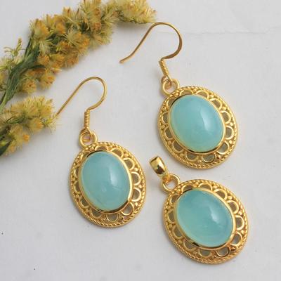 Aqua Chalcedony Handmade Pendant Earring Set 100% 925 Sterling Silver Yellow Gold Plated Jewelry