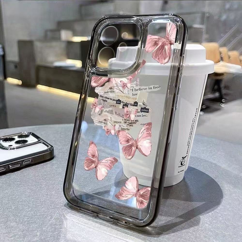 Super fairy pink butterfly suitable for iphone16promax mobile phone case transparent apple 15 anti-drop 14pro13/12