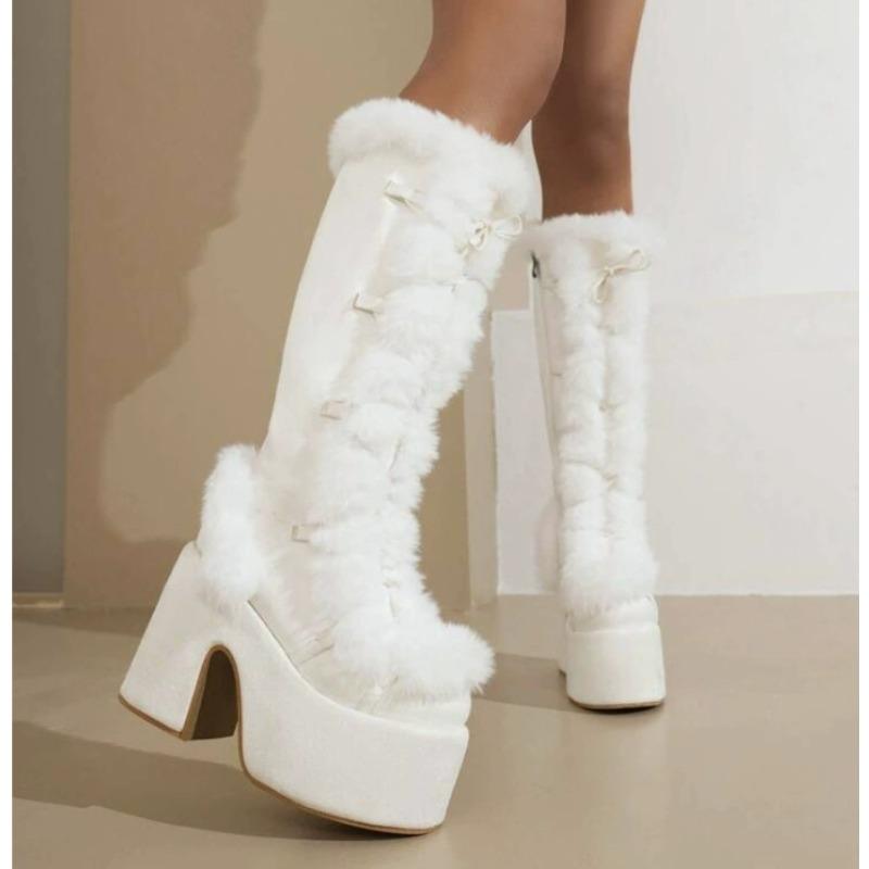 Fashion New Winter Women Snow Boots Platform Wedge High Heel Faux Fur Lady Shoes Female Plush Warm Non-slip Mid Calf Boots Goth Shoes